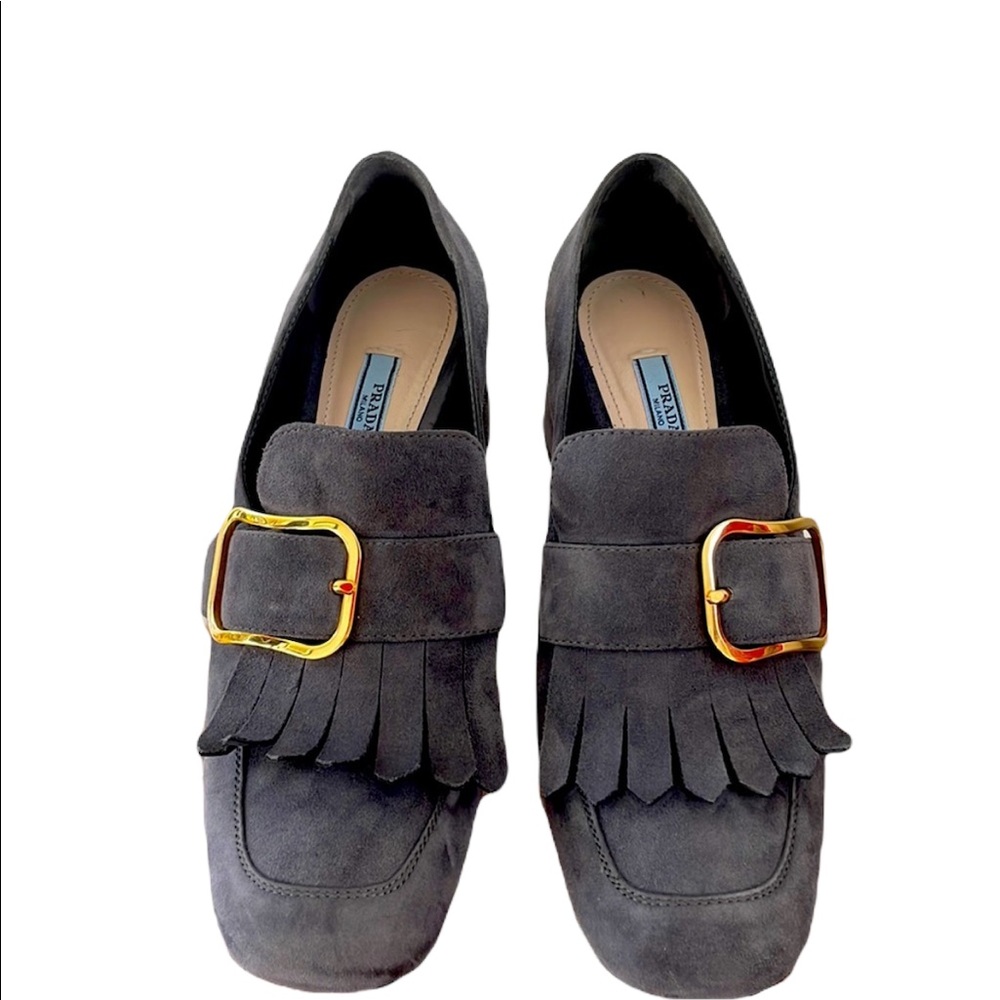 Prada grey suede fringe loafer pumps